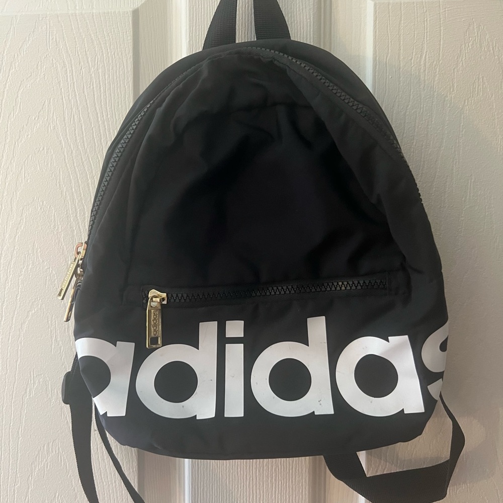 adidas Black Backpack with White Logo and Gold Zippers